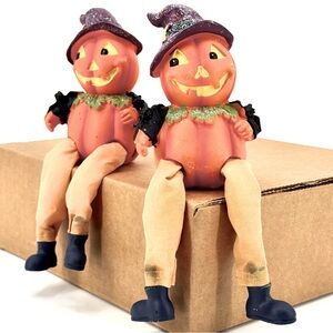 2-VTG Halloween Anthropomorphic Jack O' Lantern Pumpkin Shelf Sitter